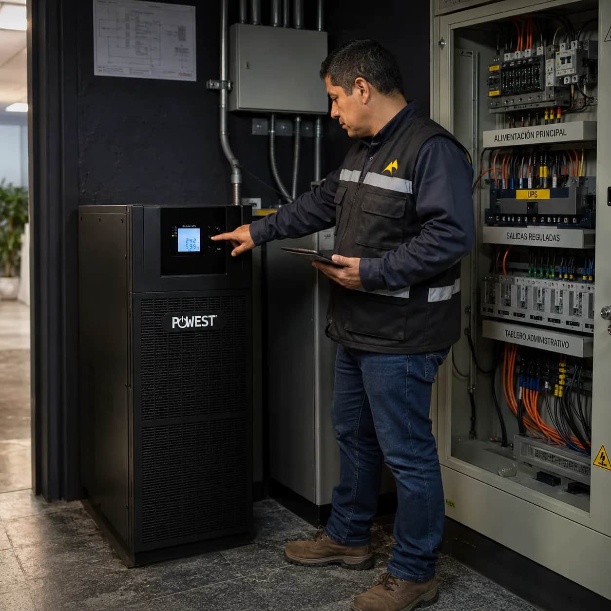 Técnico de Herium revisando el display de una UPS en el cuarto técnico de un cliente